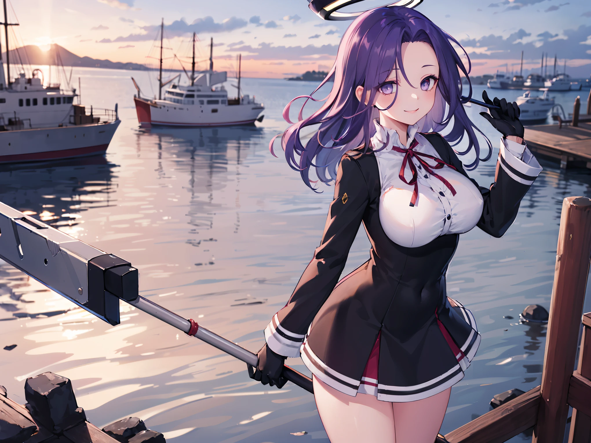 masterpiece, best quality, highres, mechanical halo, (big_breasts:1.2), black dress, neck ribbon, long sleeves, black gloves, outdoors, cowboy shot, standing, holding weapon, polearm,smile,,harbor_town_landscape,purple_halfeyes,(scornful eyes:1.4)