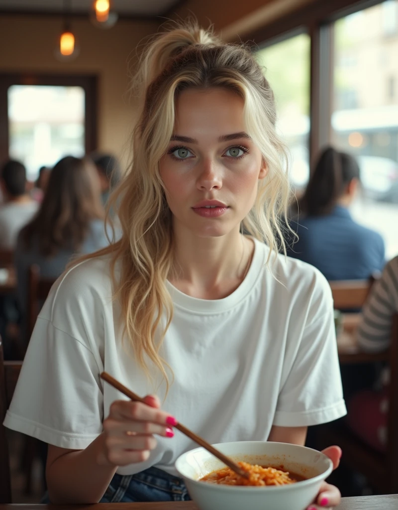 sitting in a restaurant and eating, young and cute face, chubby, cute smile, best quality, Meisterwerk, Realistisches Foto, Komplizierte Details, RAW-Foto, Ultra-detailliert, blondes haar, cute face, Body size B, blondes Haar, perfekte und blaue Augen, HD quality, 8K, young woman, 20 Jahre alt