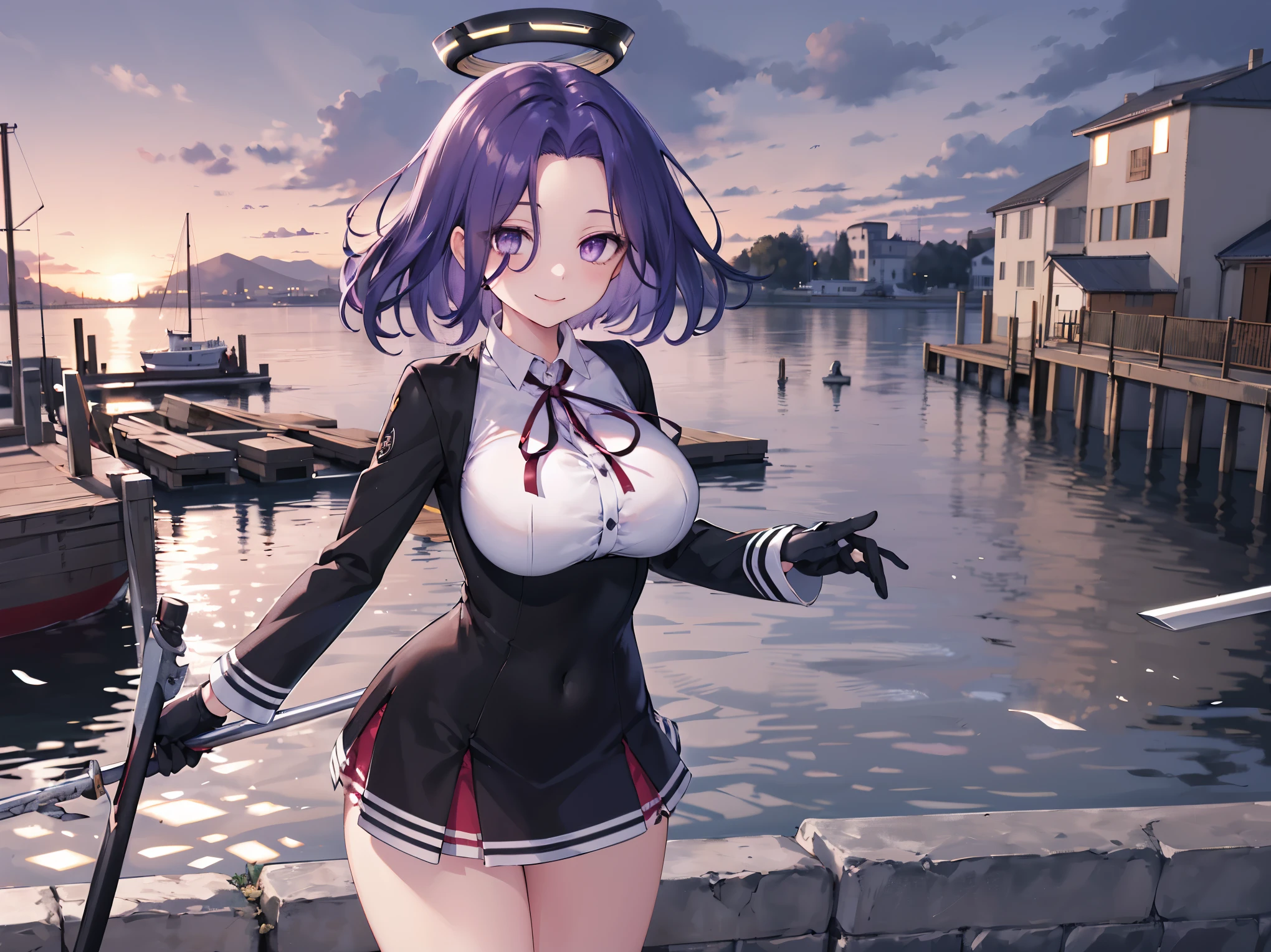 masterpiece, best quality, highres, mechanical halo, (big_breasts:1.2), black dress, neck ribbon, long sleeves, black gloves, outdoors, cowboy shot, standing, holding weapon, polearm,smile,,harbor_town_landscape,purple_halfeyes,(scornful eyes:1.4)