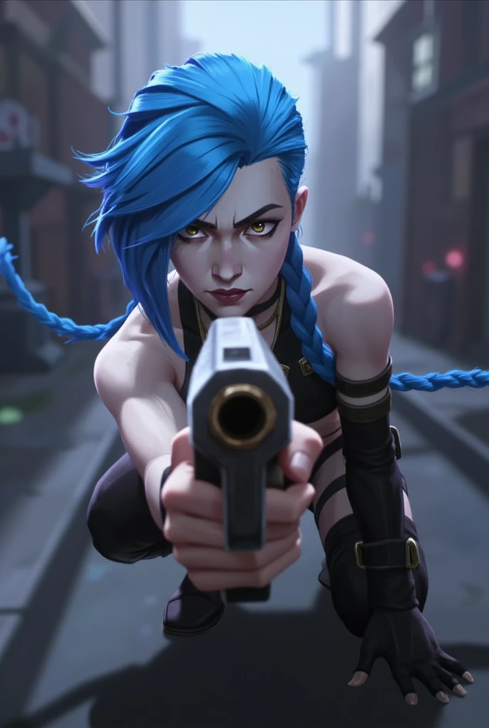  Jinx character portrait wallpaper in League of Legends ，Jinx, who has long blue hair and braids, is crouching on the ground and pointing a gun at the picture，Looking up，indifferent， expressionless face ，Blurry city alley background ，4rc4n3