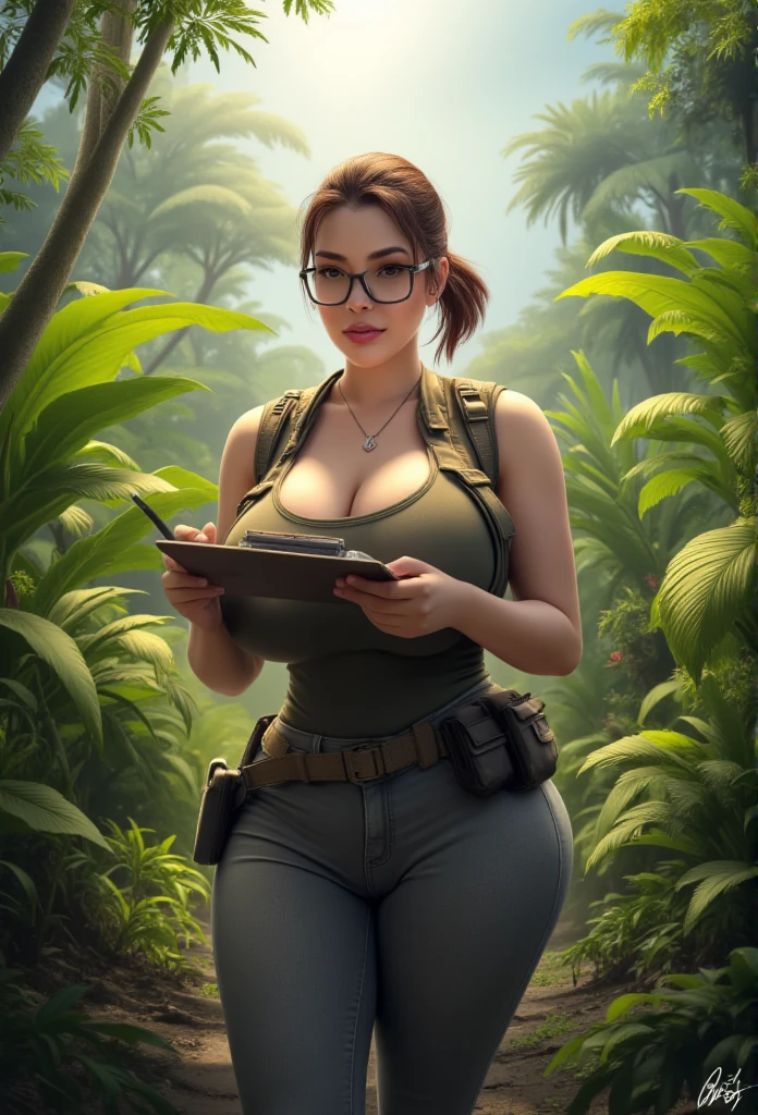 A determined scientist in the field: Under the hot sun in a remote jungle, a determined scientist takes notes on her clipboard. Dressed in a utility vest over a fitted tank top, her big breasts create a noticeable silhouette under the rugged clothing. Her hair is tied back, and her face is focused as she navigates her environment. Despite the tough terrain, she moves confidently, with a strength that matches her deep intellect.