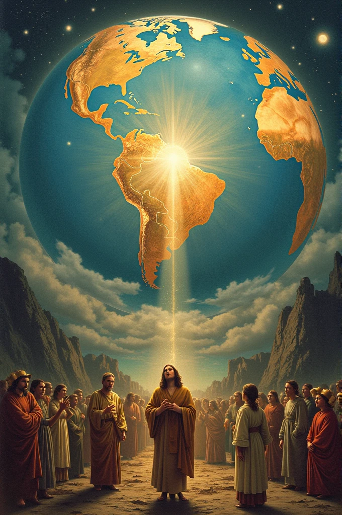 Ascended Master Saint Germain accompanied by a black deity and a muscular Indian in shamanic clothing and a large headdress levitating above the sun looking down on humanity on planet Earth