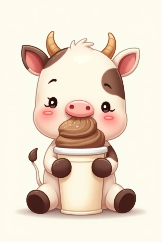 Logo avec contour noir.
une bébé vache, avec des taches marron sur son pelage blanc. Elle est assise et tient un gros pot de glace entre ses pattes. La glace est d'un marron pastel, et elle a l'air toute joyeuse en léchant ses lèvres avec un petit sourire de satisfaction. Les gouttes de glace fondue coulent le long de son museau. C'est une image amusante et adorable !
