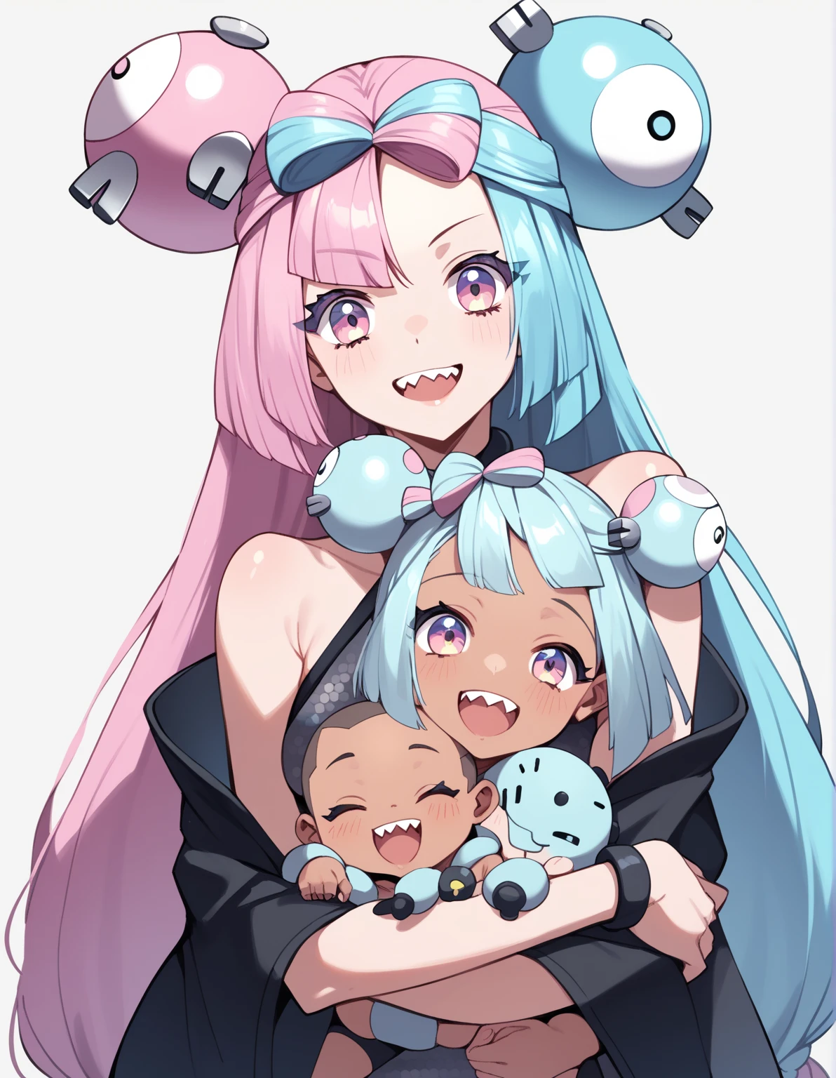 cowboy shot, 1girl,pokemon iono, blue hair, bow-shaped hair, character hair ornament, hair ornament, long hair, low-tied long hair, multicolored hair, pink hair, sharp teeth, split-color hair, twintails, two-tone hair, pink eyes, small breasts, BREAK mother and , small,hugging up, (((african baby))),