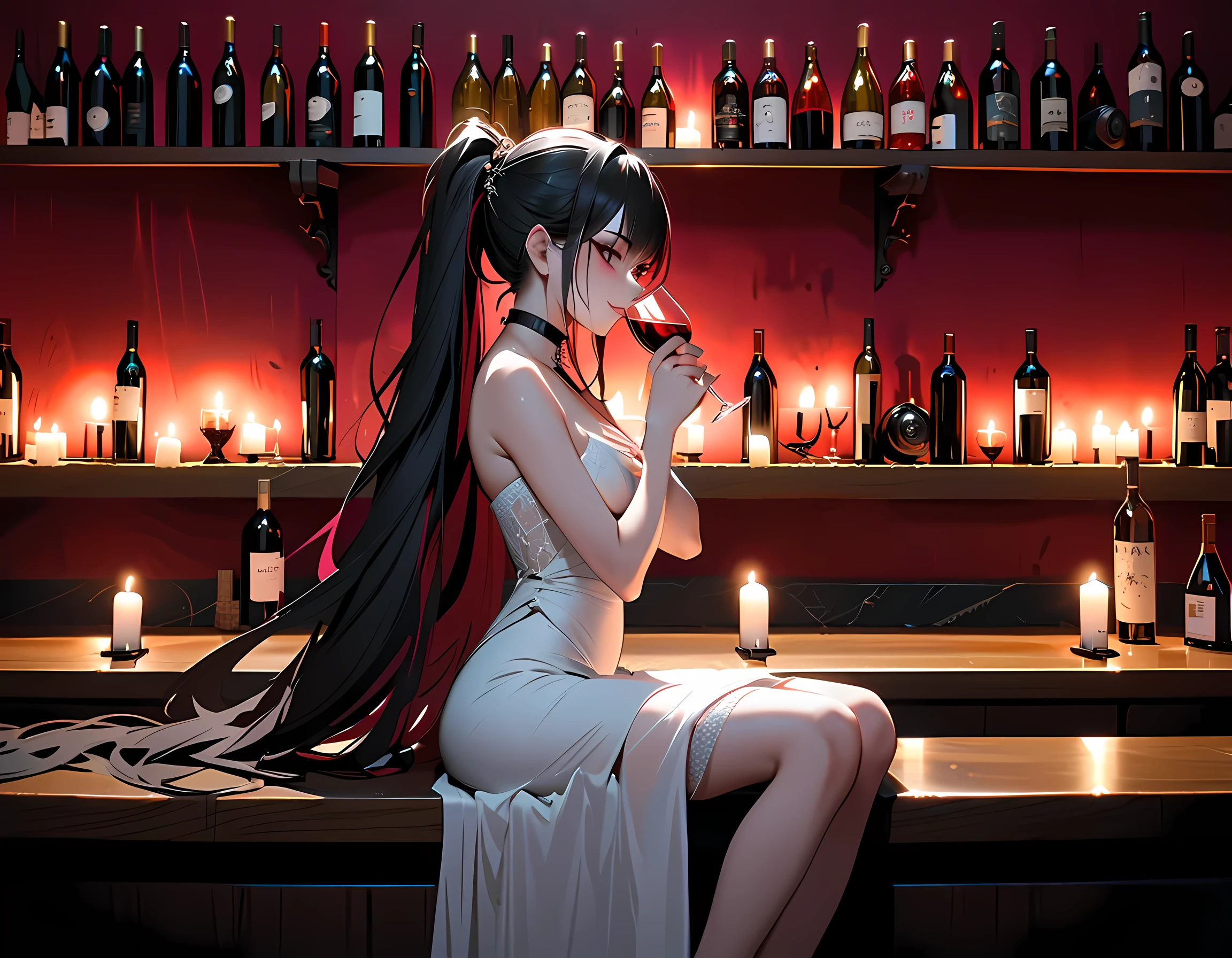 a picture of a beautiful woman  sitting in a goth bar , sipping a dark red cocktail, wearing a white mini dress, full body, slightly hiding the edge of white silk stocking, (vampiric fang: 1.3), wearing high heels, smirking, glasses, black choker, make up, black hair, long hair, ponytail, very long hair, hair strand, hairpin, eye reflection, intense azure eyes, light makeup, shy, blush, goth bar background, wine bottles, lit with candles, photorealistic, Realism, depth of field, cinematic lighting, dim light, full body, silhouette, from side, Ultra-Wide Angle, retina, UHD, best quality, 16k, highres, high details, 