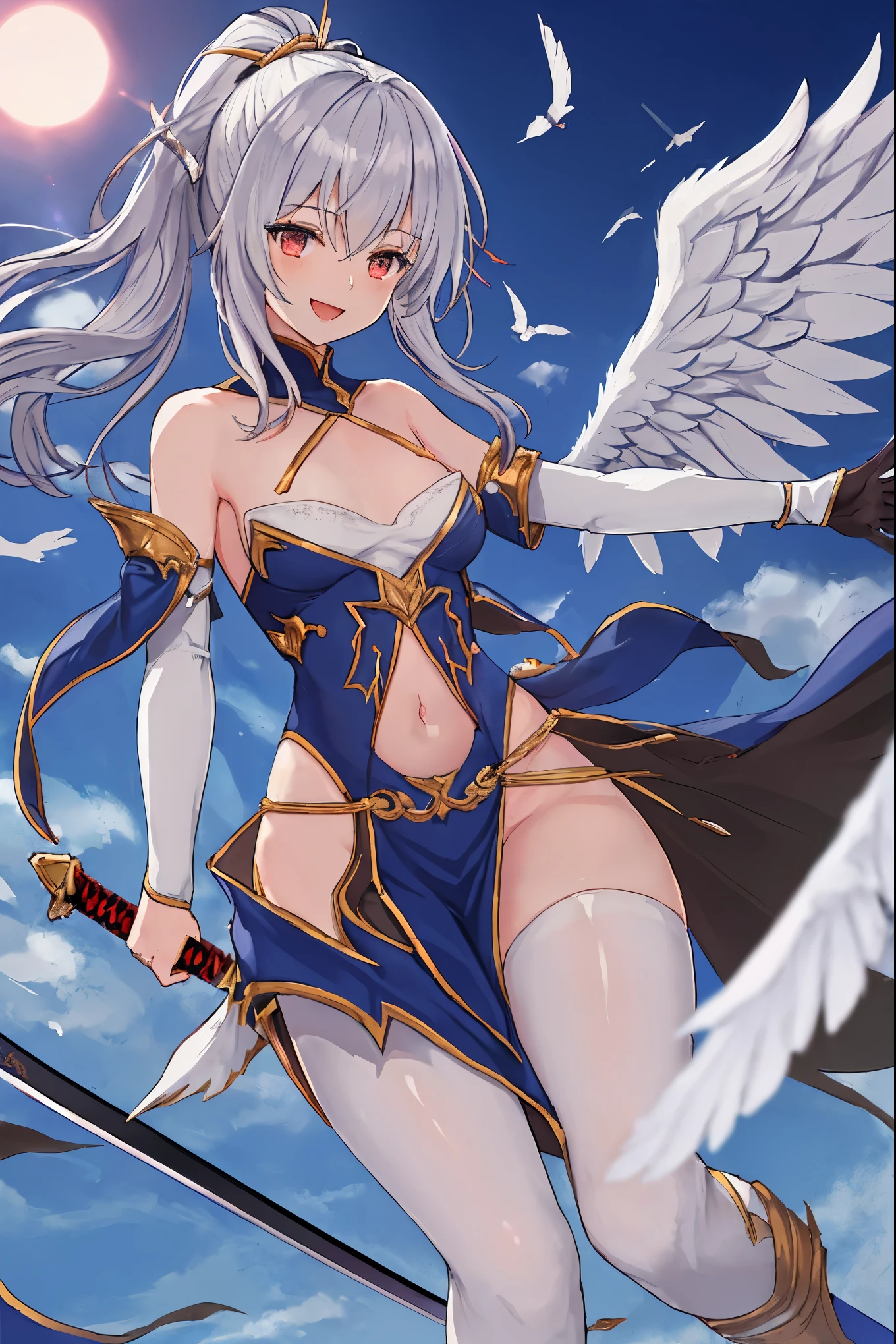 fantasy, 1angel_girl, low_, dark_brown_hair,ponytail,long_bangs, (dark_skin)+, bare_shoulder, thighhighs,silver_shiny_armor, (bare_flank:1.3),(bare_side_chest:1.3),sidelock_tabart, Glebe, hold_swords_emits_light, medium_breasts, dynamic_flying_pose,Floating, (1pair_white_wings:1.2),(pelvic_curtain:1.3), silver_Headgear ,looking_down_at_sunset_city_sky_background,,slightly_spread_legs, some_swords_emits_light,some_swords_emits_light_floating_around_the_girl,solo,glare_halo,laugh ,smile,open_mouth,open_legs,open_arms,rise_knee,rise_leg,rise_thigh,rise_leg,forward_leaning_posture,apart_legs,