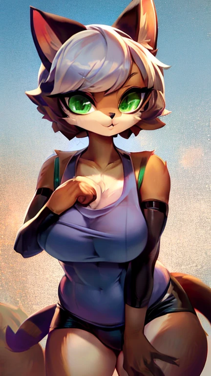 Catwoman,  brown fur ,  white fur on abdomen and chin , medium bust, big bust and big butt, medium short silver hair , feline face, green cat eyes , Clothes:  sports shorts and loose blouse ,  has cat ears and cat tail.