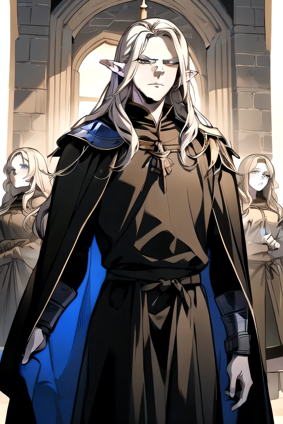 Adult elf strong warrior man with long golden hair and blue eyes with a scar and serious expression, wearing black medieval armor and a long blue cloak with white and black fur