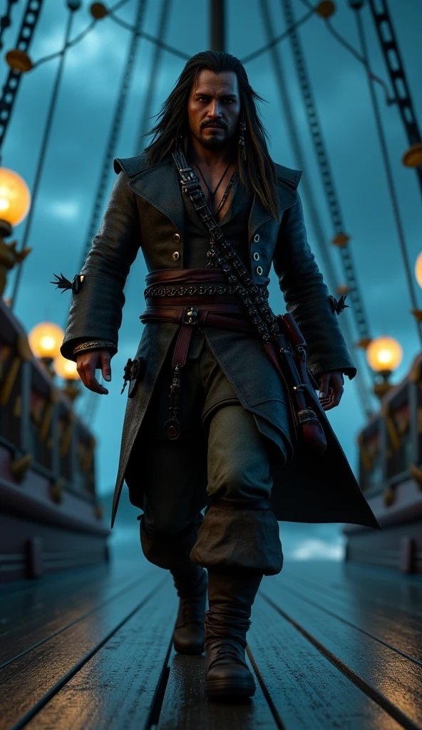 a low angle shot, jack sparrow ( an handsome pirate) walking towards the camera,, stormy night, sailing on a pirate ship at night, dim lamp ligtings, full body portrait, 3D, blender, C4D