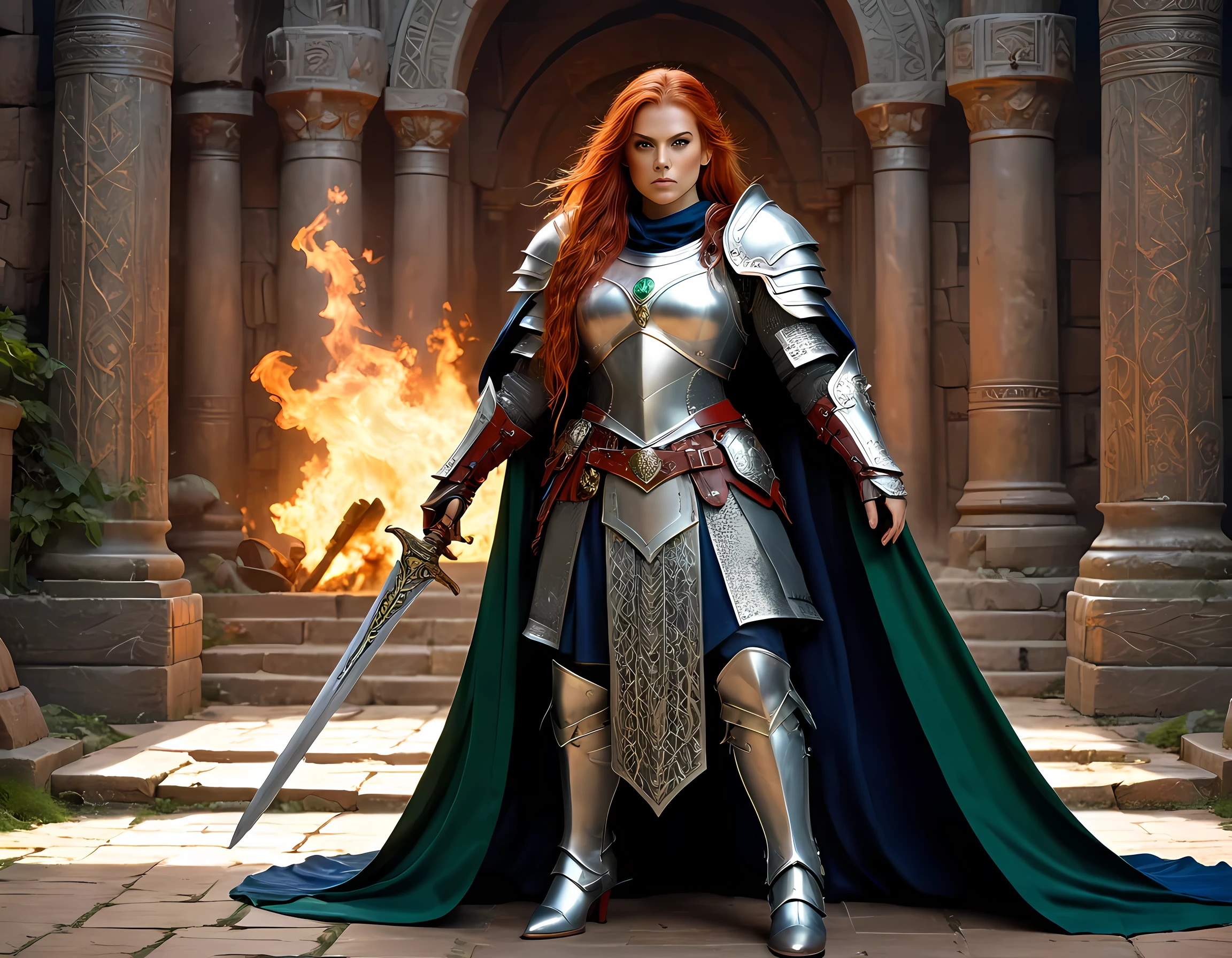 concept art, wide shot, (masterpiece:1.3), full body intense details, highly detailed, photorealistic, best quality, highres, portrait of a dwarf female (fantasy art, Masterpiece, best quality) , intense details facial details, (fantasy art, Masterpiece, best quality)cleric, with a long red hair, intense green eyes, (fantasy art, Masterpiece, best quality) armed a fiery sword, wearing heavy white half plate mail armor, wearing high heeled laced boots, wearing a blue cloak within fantasy temple background