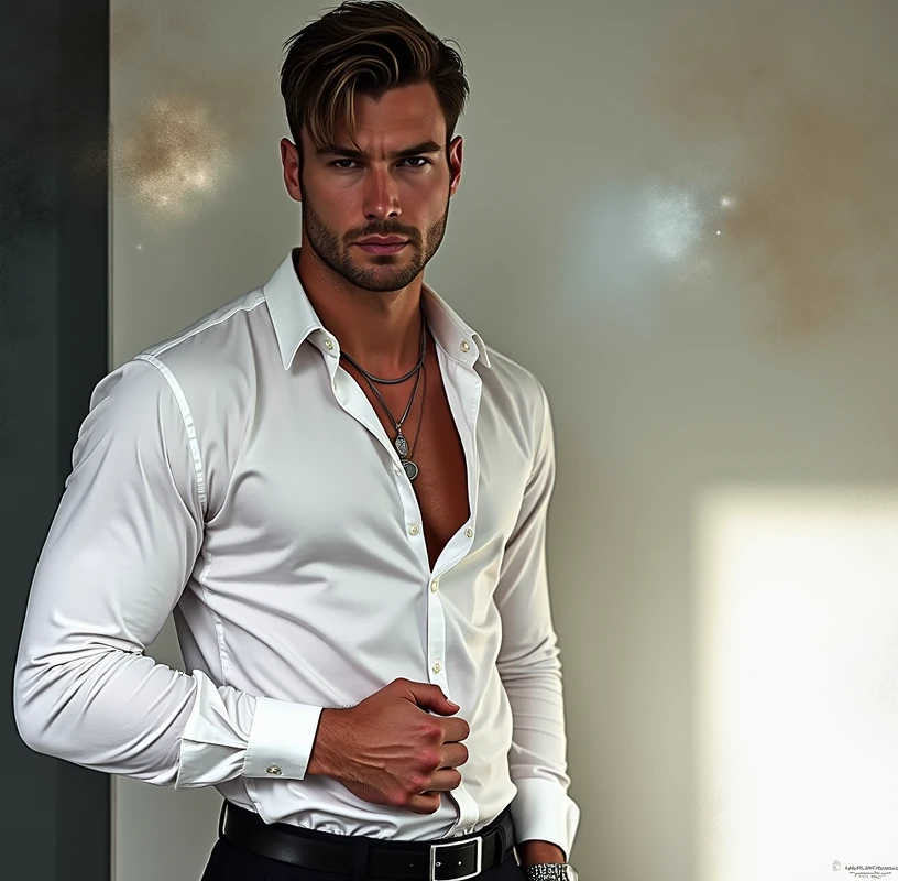 Wet Sexy man, male in a wet white shirt and tan pants sitting on a chair, big chest, handsome man, handsome guy, handsome stunning realistic, portrait of a handsome man, clothed in wet white shirt, sweat, ((best quality)), ((masterpiece)), (detailed)