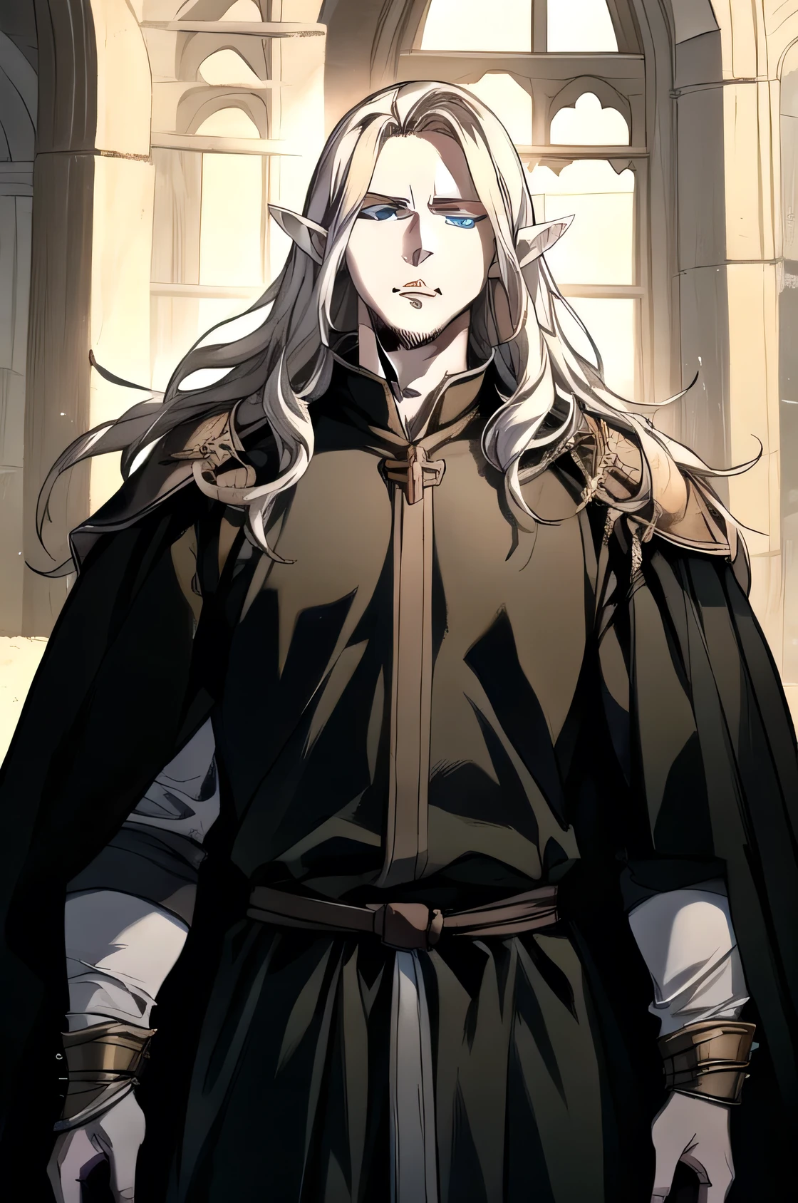 Adult elf strong warrior man with long golden hair and blue eyes and serious expression, wearing black medieval armor and a long blue cloak with white and black fur