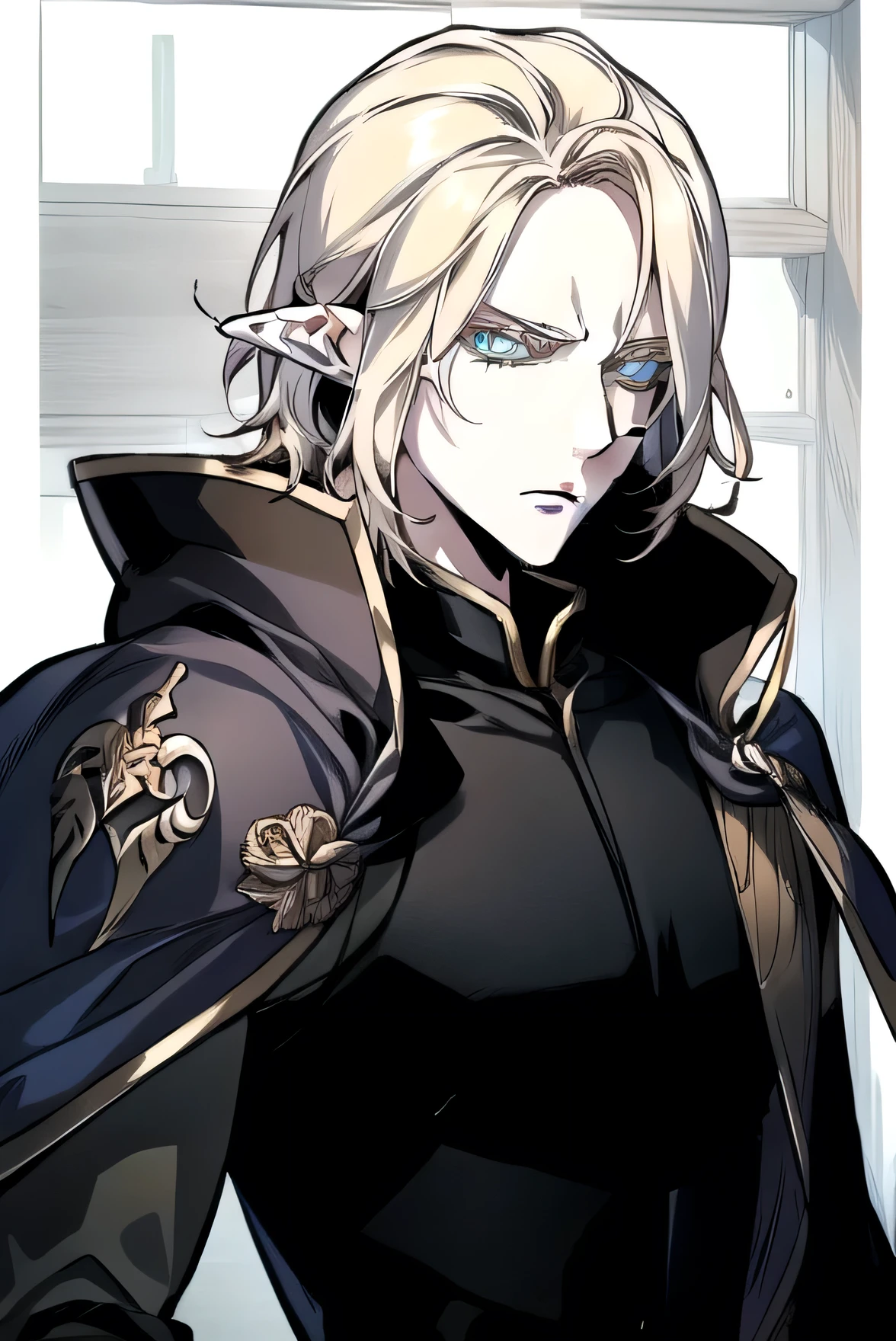 Adult elf warrior with medium-short golden hair wearing black armor and a patch over his right eye and left blue eye with a blue cloak with a white and black coat and a serious expression