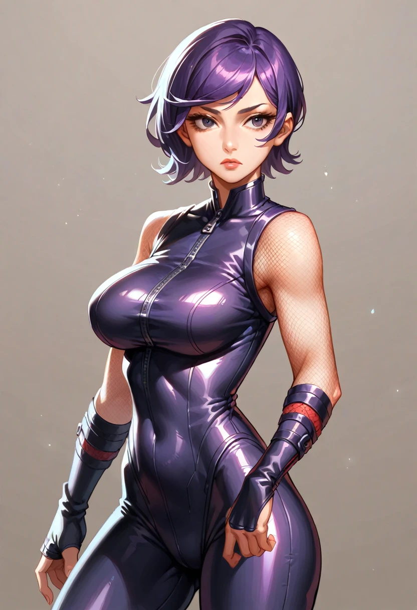 1girl,solo,super detailed skin,shiny skin,expressionless,purple hair,short hair,swept bangs,half open eyes,eyelashes,lips gloss,large breasts,fullbodysuit,fishnet arms,ninja clothes ,cowboy shot,blitz magic,simple background,model pose,masterpiece,best quality,ultra detailed,high resolution,sharp focus
