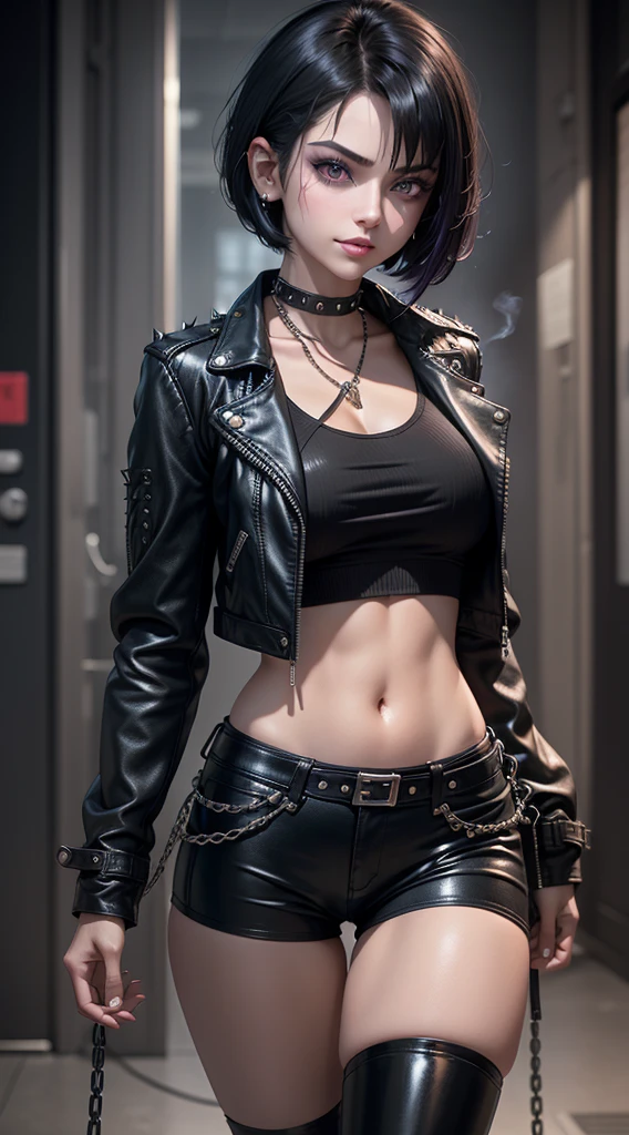 young girl, short black hair, violet eyes, smirk, Black leather jacket with spikes, open belly, breeches, Chains on clothes, scar on face, cigarette, Smoke, hiquality, 4k, HD, Good detail