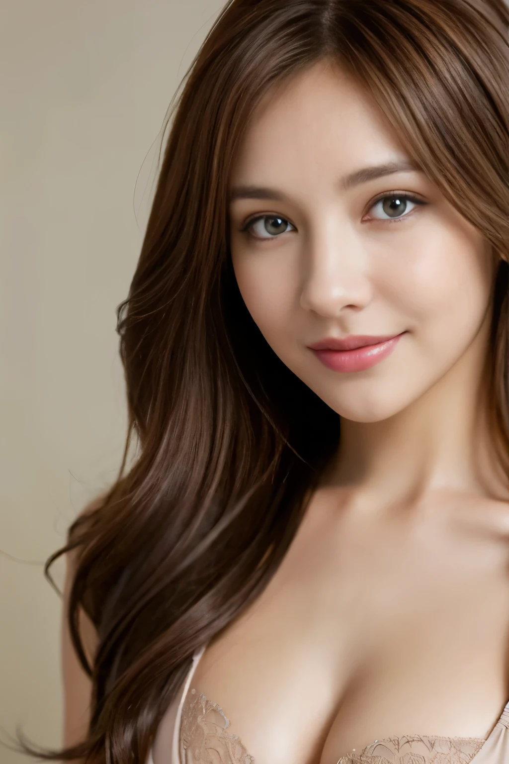 desktop,  Best Quality, Realistic photos,  Super Fine,  fine details ,  high-resolution , 8k wallpaper,  1 Beautiful Woman ,, light brown messy hair, Wear sexy underwear for business suits, Clear focus,  Perfect Dynamic Composition ,  Beautiful detailed eyes ,  Fine Hair , Detailed and realistic skin texture, Smile,  close-up portrait ,  Model body type 