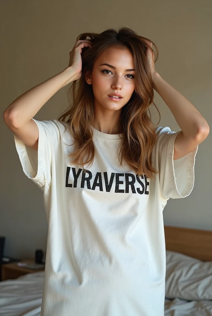 a girl with long brown hair, brown eyes with long eyelashes, natural red cheeks, full lips, half body, wearing a provocative t-shirt
