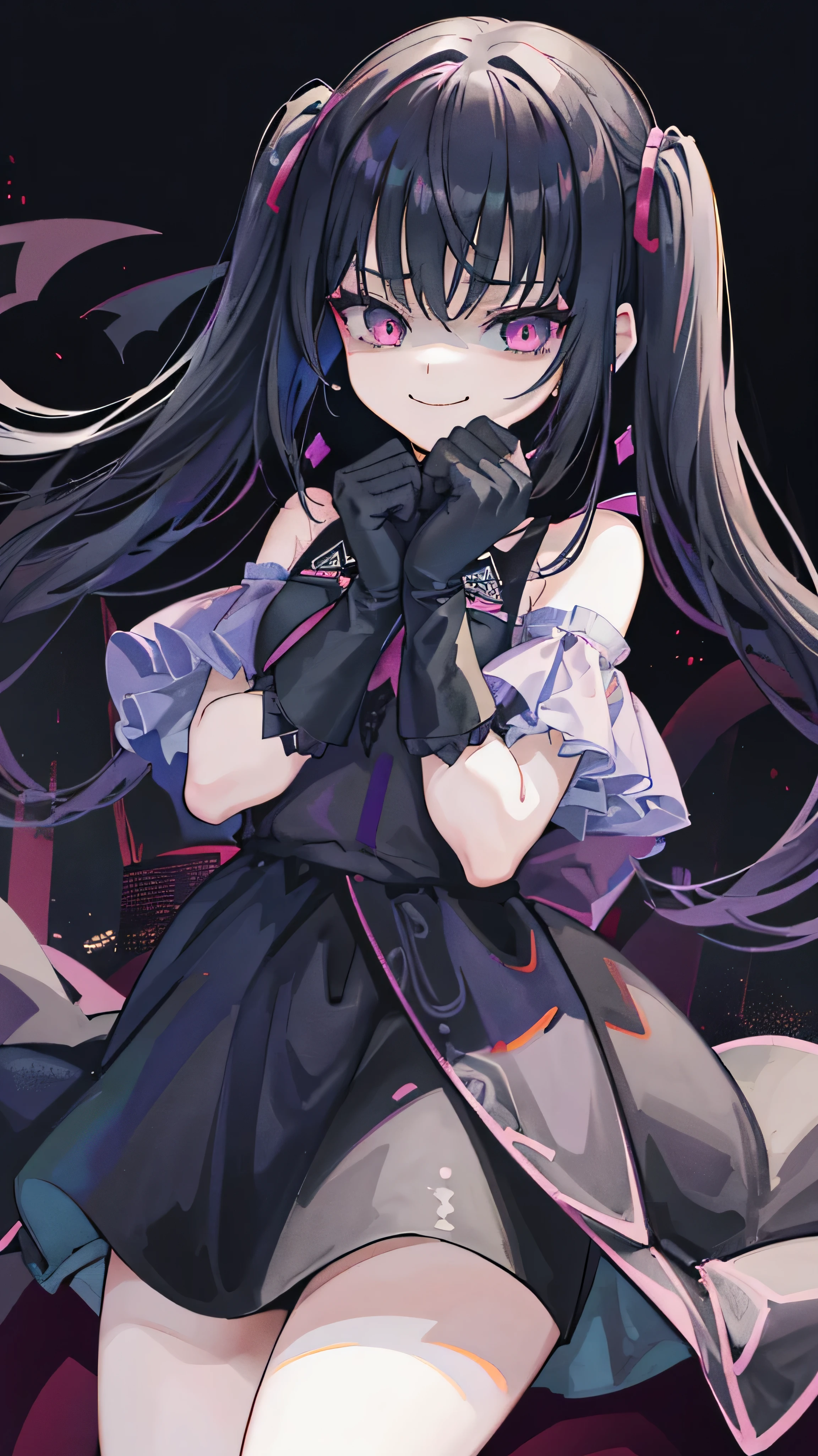 (8k、 Highest quality 、Best Quality、masterpiece)、 detail face 、 1 girl、 Black Hair 、Long Hair、 twin tails、 short bang 、Pink Eyes、evil smile 、((Green))、 earrings for a woman alone、、(( off-shoulder ))、(( Black Mini Skirt ))、(( Pink Panties ))、 black leather shoes 、Sit-in、Shoot from below、 Night Downtown Background 、Evil Background、Elbow gloves、 evil smile、Demon Aura(Shiny fabric:1.5)、Evil Darkness、 sadistic smile 、 black knee socks 、 Shiny Latex Elbow Full Gloves、Shadow Face(Eye in the Shadow )( very detailed))、(shape)、(( very delicate and beautiful ))、、Cloudy null 、CG Style、 black wings on one side 、 dark shadow face 、 sadistic smile 、Malice、Contempt、smile、black、、 perfect body、、 perfect face、 slightly crazy smile {x} strong black aura、(Dark and scary atmosphere、 Gothic Fashion 、 dark color)、( Shrouded in Darkness 、black background、shadow、extreme darkness :2.0)、Dark Energy