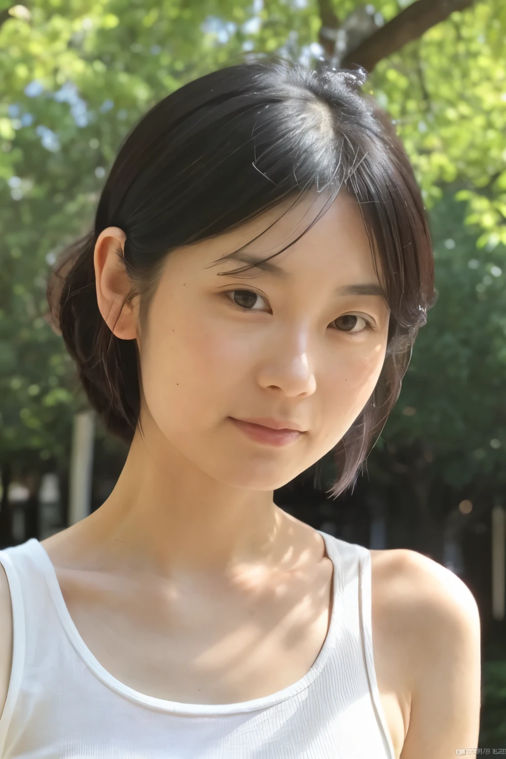 cinematic photo, Japanese woman, 30 years old, slender body, cute face, detailed face, detailed eyes, bare shoulders, tanktop, very thin waist, (face upward:0.7), looking at viewer, (sun light and tree shadow on the face), (masterpiece:1.2), (best quality:1.2), (extremely detailed:1.2), (photorealistic:1.1), (ultra detailed), . 35mm photograph, film, bokeh, professional, 4k, highly detailed