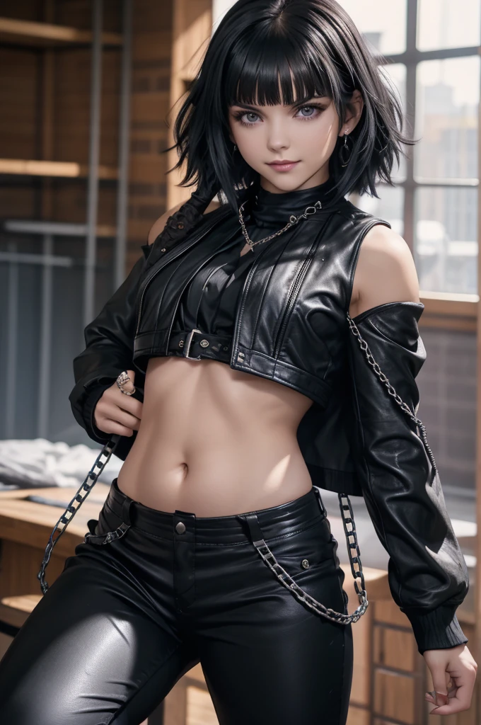 young girl, short black hair, violet eyes, smirk, Black leather jacket with spikes, open belly, breeches, Chains on clothes, , hiquality, 4k, HD, Good detail