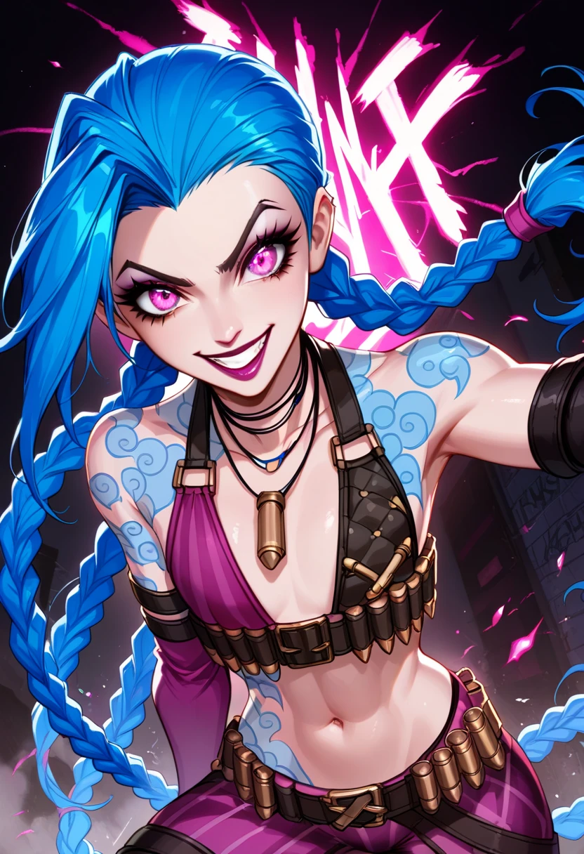 score_9, score_8_up, source_anime, anime, (Jinx from League of Legends:1.3), (wild, chaotic energy:1.2), (manic expression:1.2), blue hair, (twin braids:1.1), tattooed arms, punk style, (intense eye contact), mischievous smile, gritty urban background, graffiti walls, broken buildings, neon lights, dramatic shadows, (explosions in the background:1.1), dynamic pose, vibrant colors, high detail, edgy