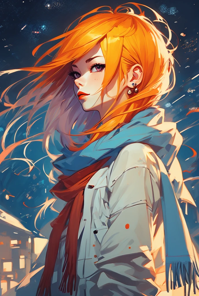 1girl, ahoge, bangs, blonde hair, blowing kiss, blue eyes, blue scarf, brown scarf, cleavage, closed mouth, eyelashes, face, floating hair, hair between eyes, heart, lips, lipstick, long hair, looking at viewer, makeup, night sky, nose, one eye closed, orange scarf, pink lips, pink scarf, portrait, purple eyes, realistic, red lips, red scarf, scarf, signature, smile, solo, space, spoken heart, star (sky), starry sky, upper body, watermark, yang xiao long, yellow scarf