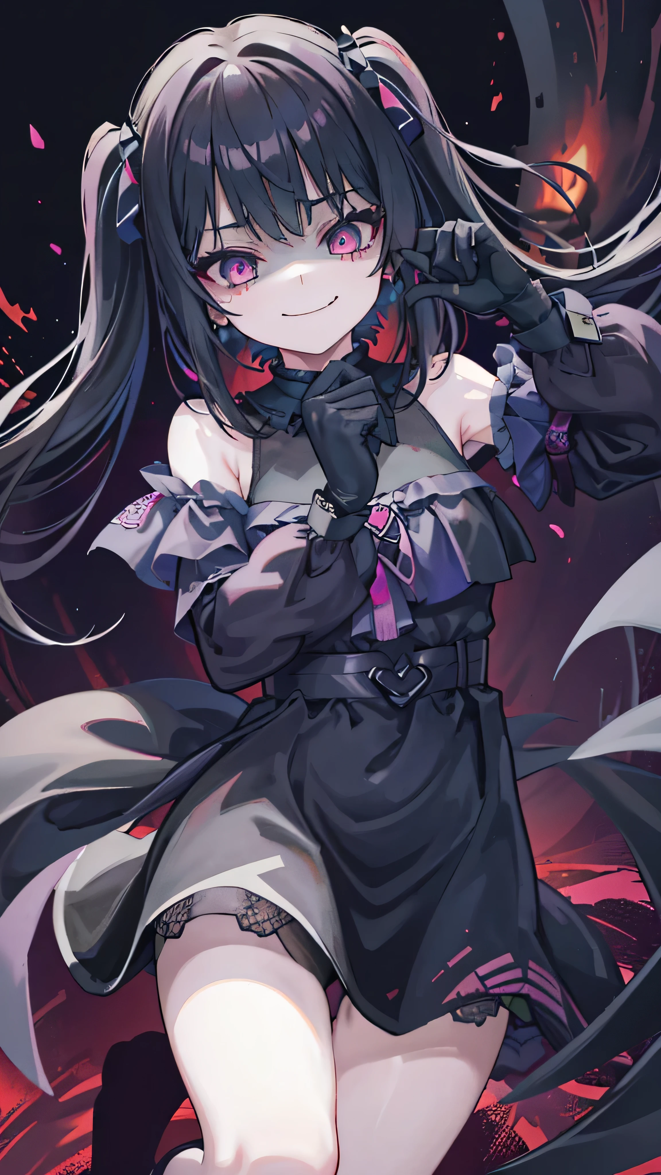 (8k、 Highest quality 、Best Quality、masterpiece)、 detail face 、 1 girl、 Black Hair 、Long Hair、 twin tails、 short bang 、Pink Eyes、evil smile 、((Green))、 earrings for a woman alone、、(( off-shoulder ))、(( Black Mini Skirt ))、(( Pink Panties ))、 black leather shoes 、Sit-in、Shoot from below、 Night Downtown Background 、Evil Background、Elbow gloves、 evil smile、Demon Aura(Shiny fabric:1.5)、Evil Darkness、 sadistic smile 、 black knee socks 、 Shiny Latex Elbow Full Gloves、Shadow Face(Eye in the Shadow )( very detailed))、(shape)、(( very delicate and beautiful ))、、Cloudy null 、CG Style、 black wings on one side 、 dark shadow face 、 sadistic smile 、Malice、Contempt、smile、black、、 perfect body、、 perfect face、 slightly crazy smile {x} strong black aura、(Dark and scary atmosphere、 Gothic Fashion 、 dark color)、( Shrouded in Darkness 、black background、shadow、extreme darkness :2.0)、Dark Energy