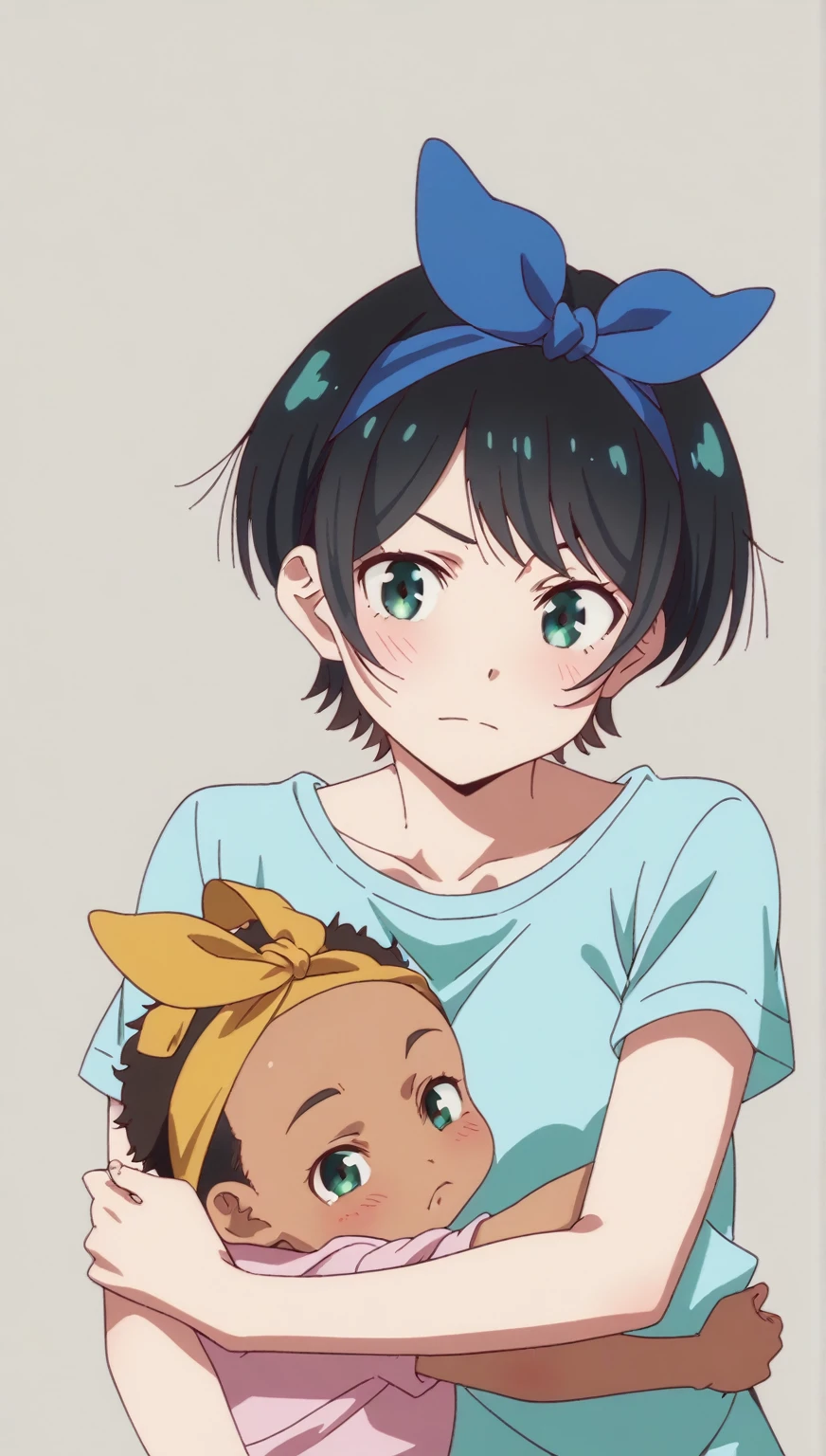 ruka sarashina, short hair, bangs, black hair, ribbon, green eyes, hair ribbon, hairband, blue hairband,
BREAK mother and baby, small girl,hugging up, (((african baby))),