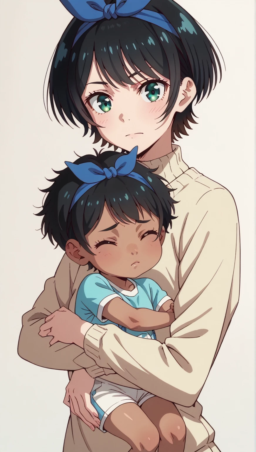 ruka sarashina, short hair, bangs, black hair, ribbon, green eyes, hair ribbon, hairband, blue hairband,
BREAK mother and baby, small girl,hugging up, (((african baby))),