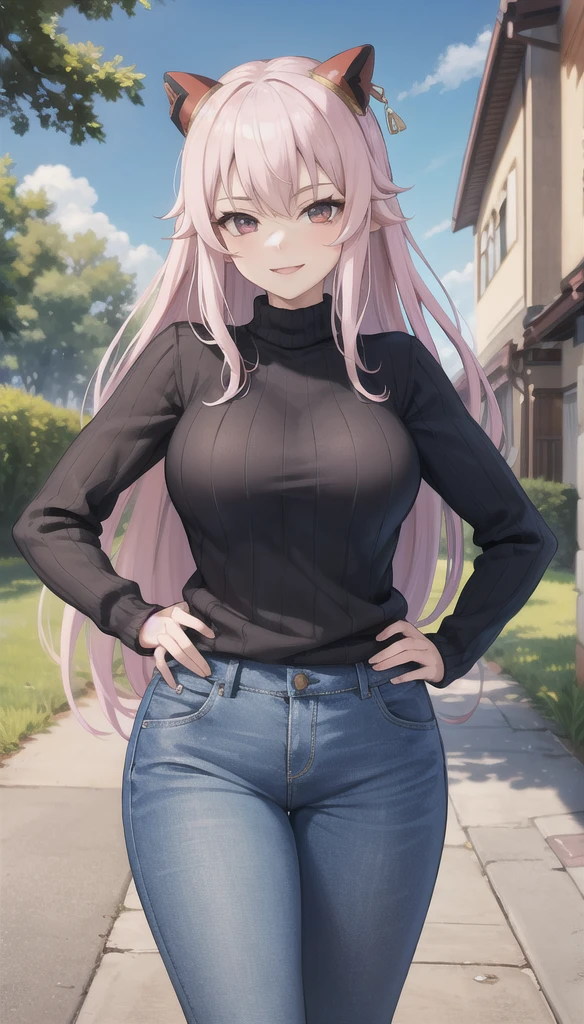 masterpiece, best quality, absurdres, 1girl, solo, ArayaEndo, long hair, hairpods, outdoors, sweater, ribbed sweater, jeans, hands on hips, smile, 