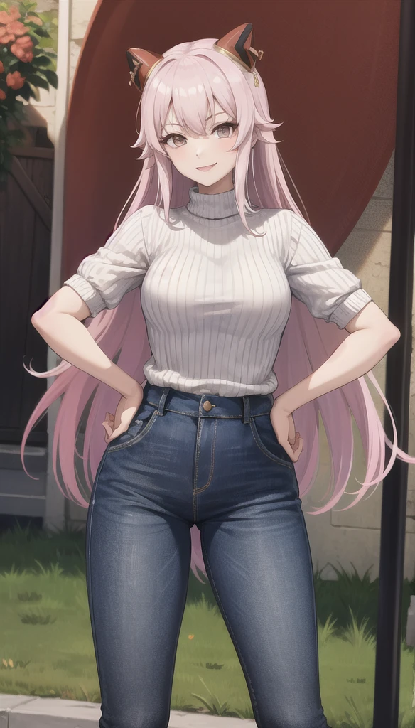 masterpiece, best quality, absurdres, 1girl, solo, ArayaEndo, long hair, hairpods, outdoors, sweater, ribbed sweater, jeans, hands on hips, smile, 