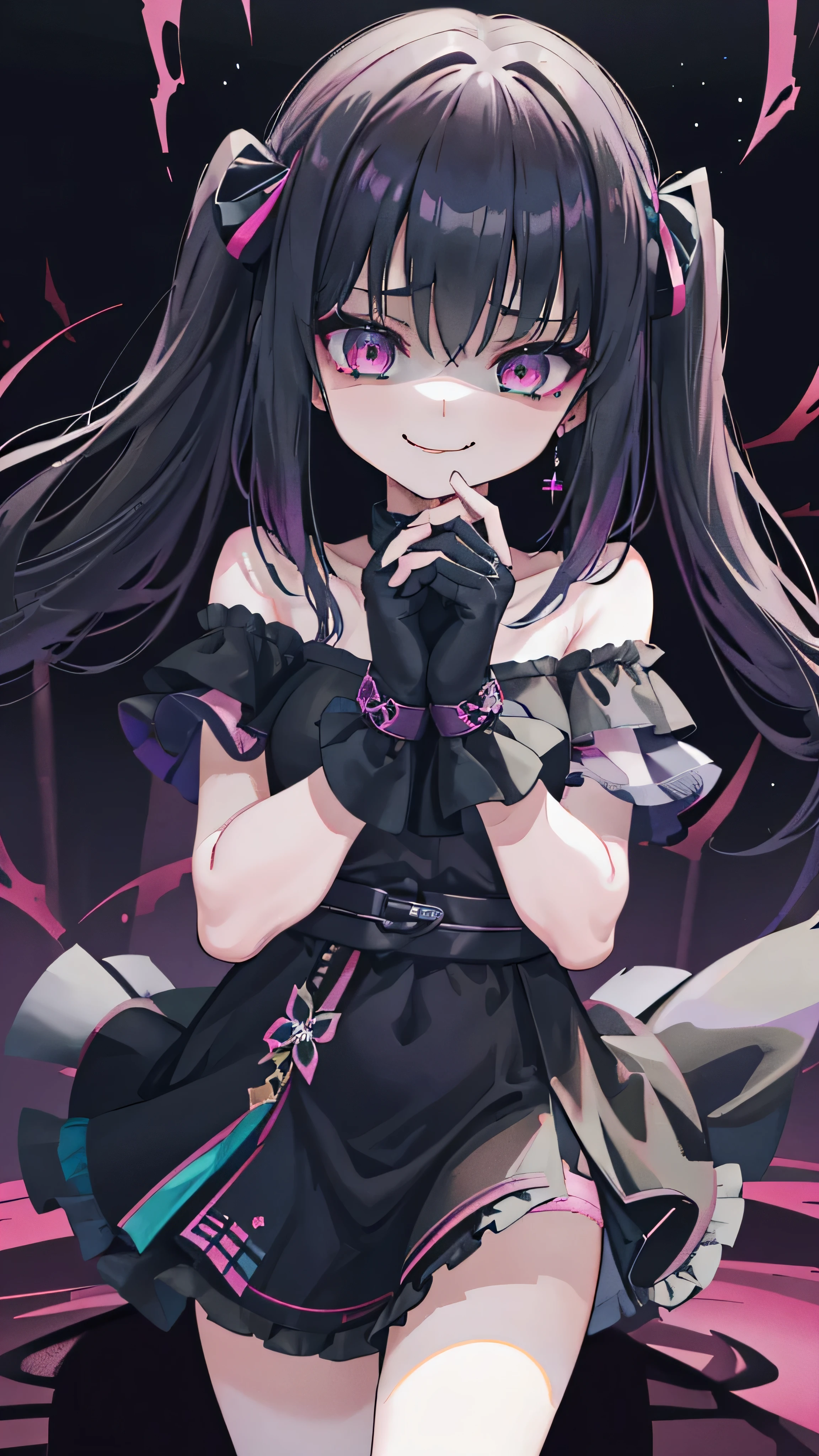 (8k、 Highest quality 、Best Quality、masterpiece)、  detail face 、 1 girl、 Black Hair 、Long Hair、 twin tails、 short bang 、Pink Eyes、evil smile 、((Green))、 earrings for a woman alone、、(( off-shoulder ))、((  Black Mini Skirt ))、(( Pink Panties ))、 black leather shoes 、Sit-in、Shoot from below、 Night Downtown Background 、Evil Background、Elbow gloves、 evil smile、Demon Aura(Shiny fabric:1.5)、Evil Darkness、 sadistic smile 、 black knee socks 、 Shiny Latex Elbow Full Gloves、Shadow Face(Eye in the Shadow )( very detailed))、(shape)、(( very delicate and beautiful ))、、Cloudy null 、CG Style、 black wings on one side 、 dark shadow face 、 sadistic smile 、Malice、Contempt、smile、black、、 perfect body、、 perfect face、 slightly crazy smile {x} strong black aura、(Dark and scary atmosphere、 Gothic Fashion 、 dark color)、( Shrouded in Darkness 、black background、shadow、extreme darkness :2.0)、Dark Energy