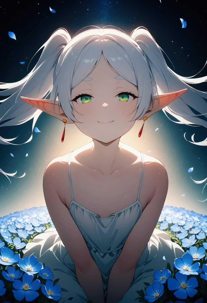  High image quality 、masterpiece、  high quality、Full HD、4K 、View from above、 and close your thighs、Raise your hands and show your sides、 Funeral Freelen、  silver hair、  twin tails、 Green Eyes、Elf Ears、 Red Earrings 、sheer white camisole、  flat chest、smile、Blue Flower Field、Many petals are flying、Sleeping surrounded by flowers