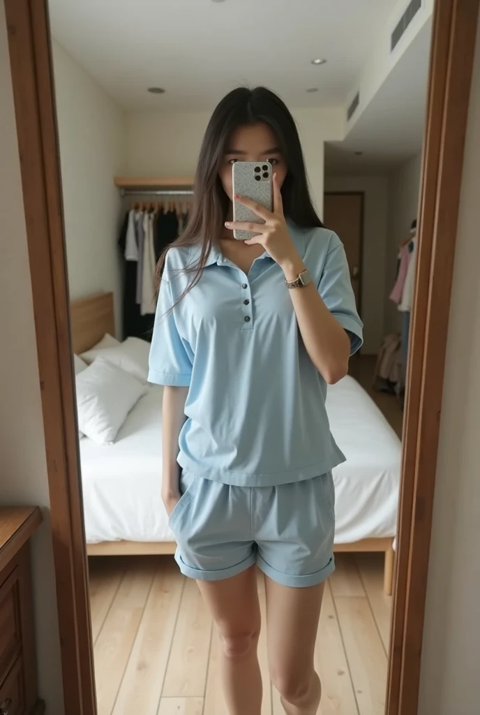Cute 14 year old korean girl on a bed, selfie