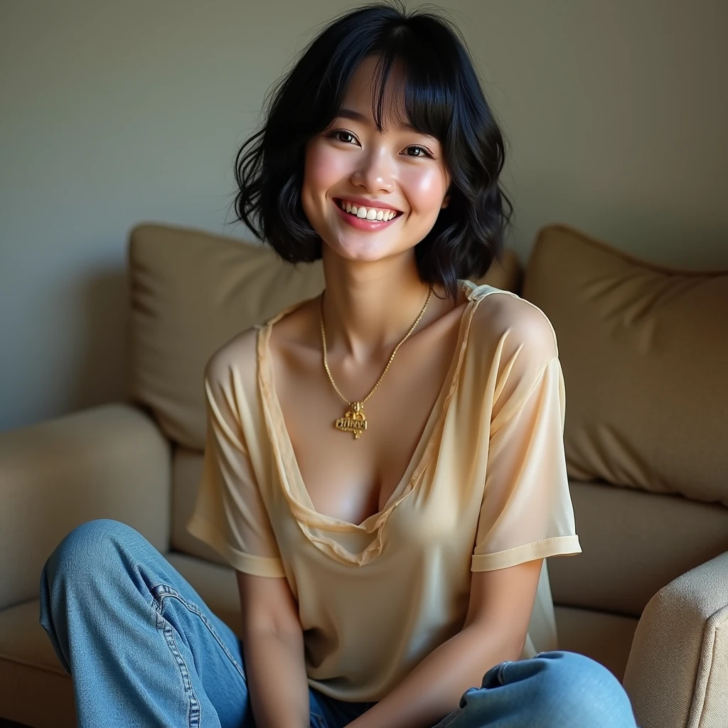 "prompt": "A woman with short black hair is sitting on a sofa, wearing a colorful off-shoulder knit that reaches her knees. She is radiating the best smile, exuding warmth and happiness. The scene is set in a cozy living room with soft lighting, highlighting her joyful expression. The knit is vibrant and detailed, adding a pop of color to the setting. The overall atmosphere is cheerful and inviting, capturing a moment of pure joy and comfort.",