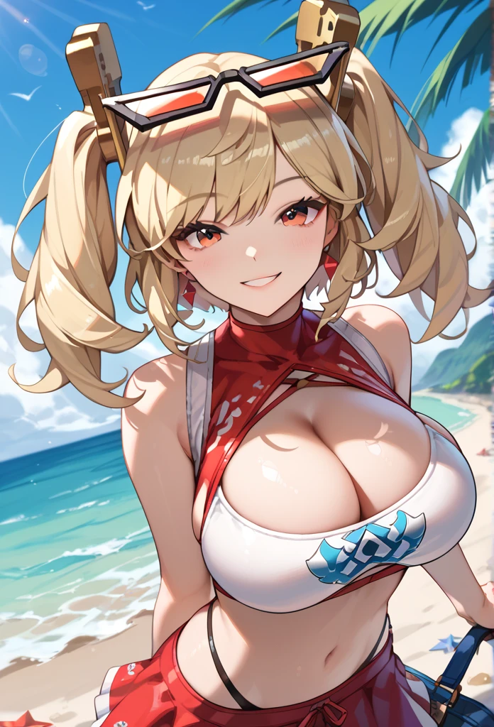  1girl, breasts, Alone, eyewear on head, navel, looking at viewer, crop top, cleavage, smile, Bikini, twintails, blonde hair, red eyes,beach、 swimsuit,  cleavage bulge 