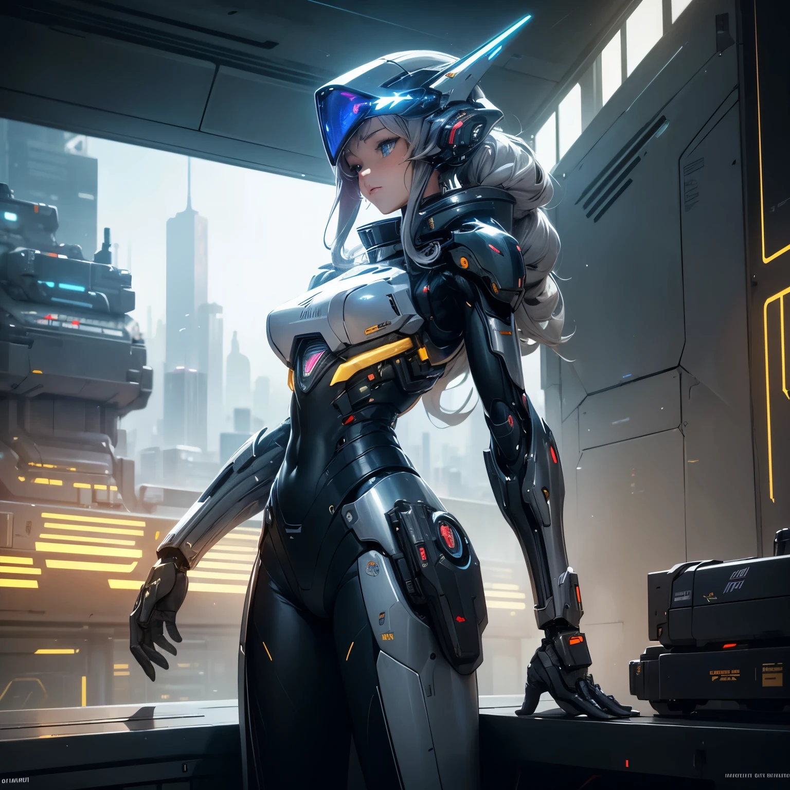 highdetailRAWcolorphoto,Hyper-realistic,Digital painting,wide wide shot,in a panoramic view,(lens flare glow:0.5),(Halo:0.5),portrait,(high detal,finedetail,iintricate),Unbelievably absurd,(Luxury cyberpunk:1.4 ,Dystopian,sci-fi),concept art,ornate,from side,looking to the side,1girl,Lucy\(cyberpunk\),European_Girls,(cute female arterial intelligence,robot,cyborg:1.5),(robotic parts,augmentations ,machine arm,mechanical leg,Silver helmet),(cybernetic implants:1.4,micro Chip,metals,electrical wires,electric cables,silica gel),Gray eye,Asymmetrical hair,standing on your feet,(handheldweapons,Combat rifles,hand gun),obi strip,(Wear a shiny skinny soft suit,Sheer white shirt),Cardigans,sleeves slit,Buttock slit,Exposed metal bone,Bodybuilding physique,slim,middlebreast,Exposed nipple,big assa,(paleskin),(Delicate skin,Spreads skin pores), HQ, Angelic, decorations, decorations, hard edge, Breathtaking, exteriors, ((On the surreal planet Raphael Lacoste)), the night, (electricity, Bright neon colors, Sprawling cyberpunk city skyline), violent storm, Sateen, smog,tendrils,spirals,dust,(((airships))), (wastelands,observatory)Raised sexy,Ambiguous action