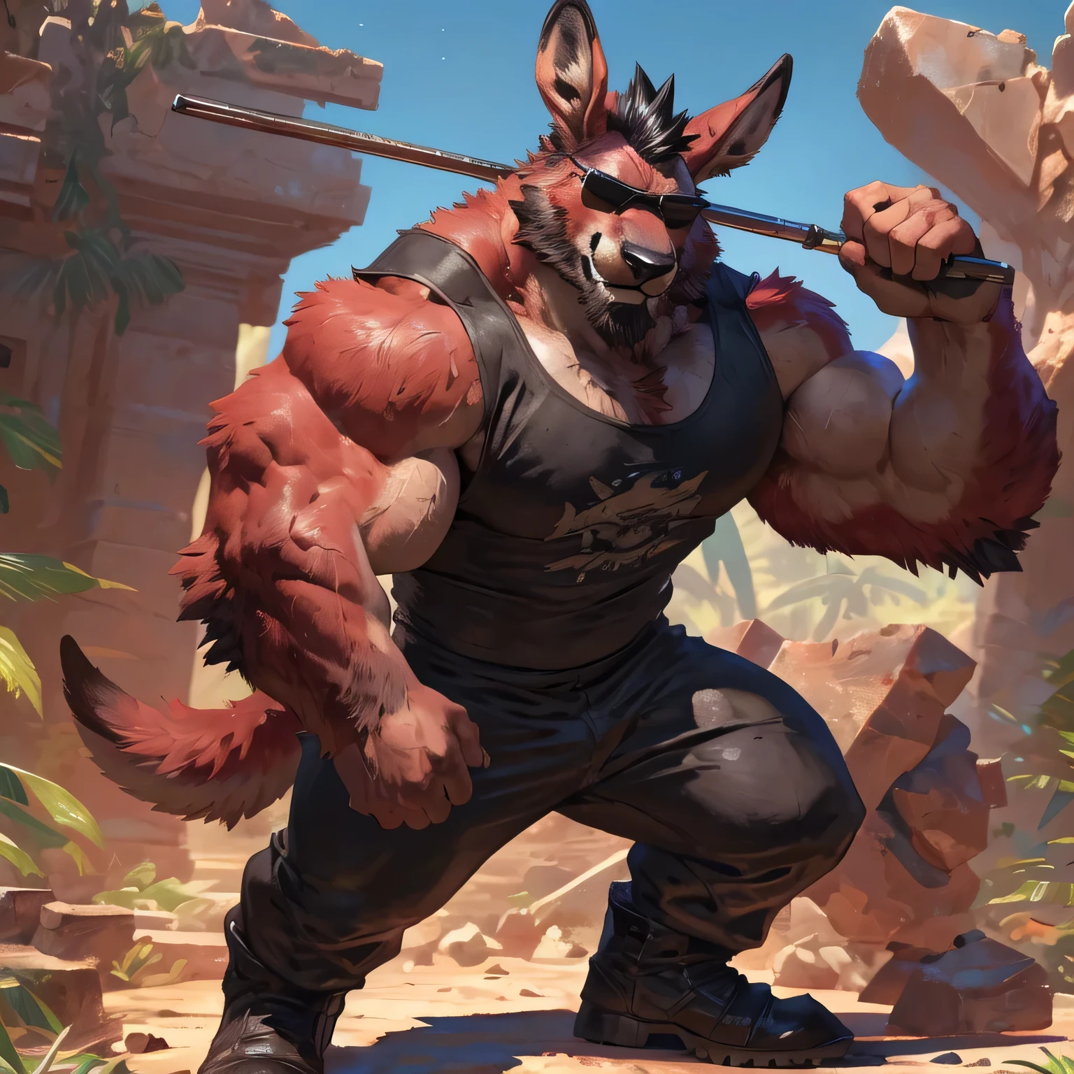 by taran fiddler, Anthropomorphic badass thug kangaroo (realistic, aesthetic body, red fur, well-built body, kangaroo head (kangaroo head, red fur, black thick full mustache, black trimmed short beard, black mohawk hairstyle, wears red sunglasses) red fur, very muscular, 2 meters tall, very broad-shouldered, beefy, wears a futuristic grey military pant, wears futuristic black military boots, wears a grey tank top, holding a metal bar) fighting in a futuristic temple ruins in the jungle.