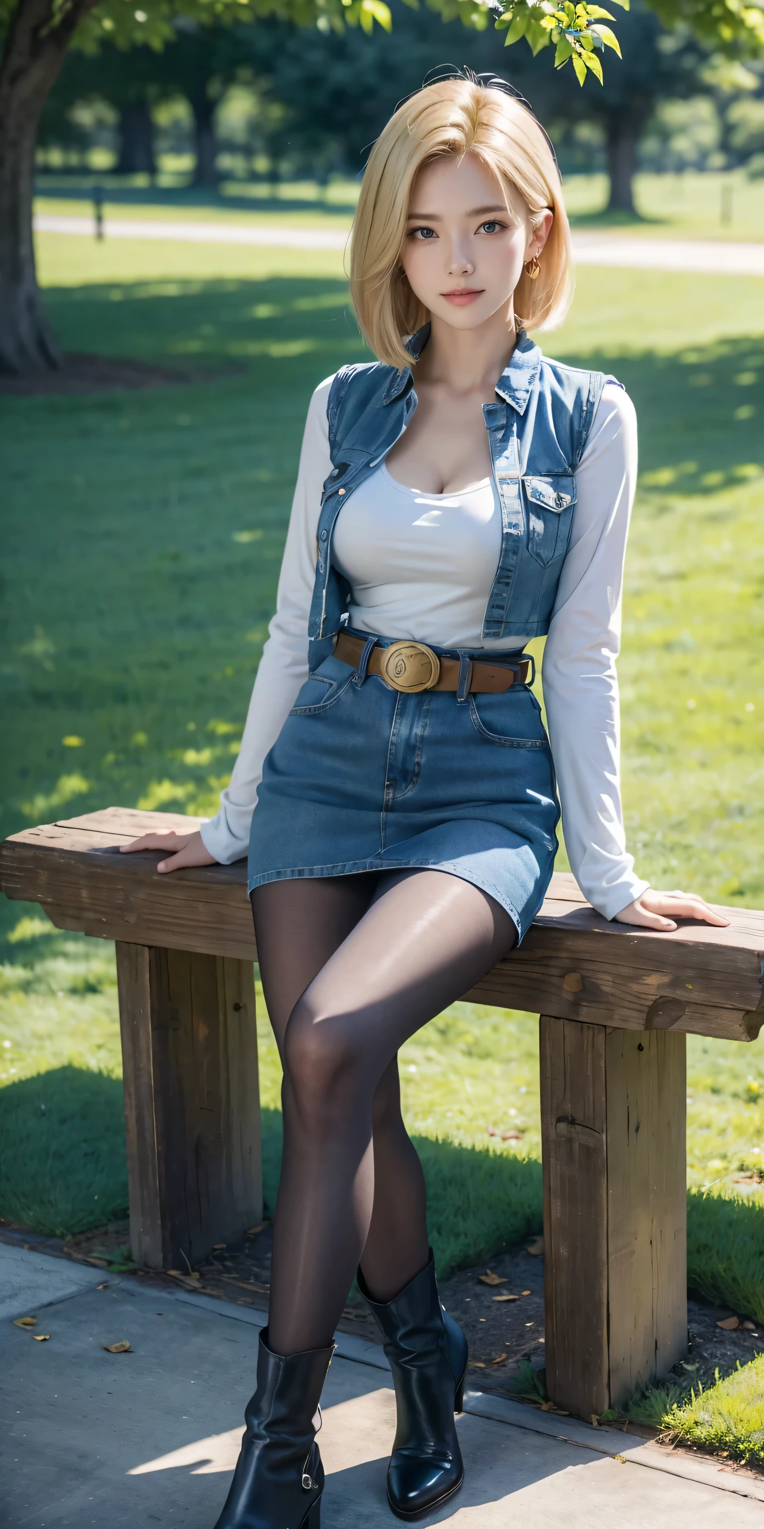 Android 18, Light Blonde hair, Medium Bob hair, Blue eyes, Wearing earrings, Long sleeves, Light blue denim mini skirt, Light blue mini denim vest, Black T-shirt with high cleavage, Big breasts, Belt, Dark brown see-through pantyhose, Western short boots, Looking at viewer, Slight smiling with closed lips sitting, On bench, She raised her right leg and gently placed the heel of her right boot on another very low bench in front of her, Blue sky, sit on a bench, outside, park, grass, Summer, trees, blue sky, high quality, masterpiece,