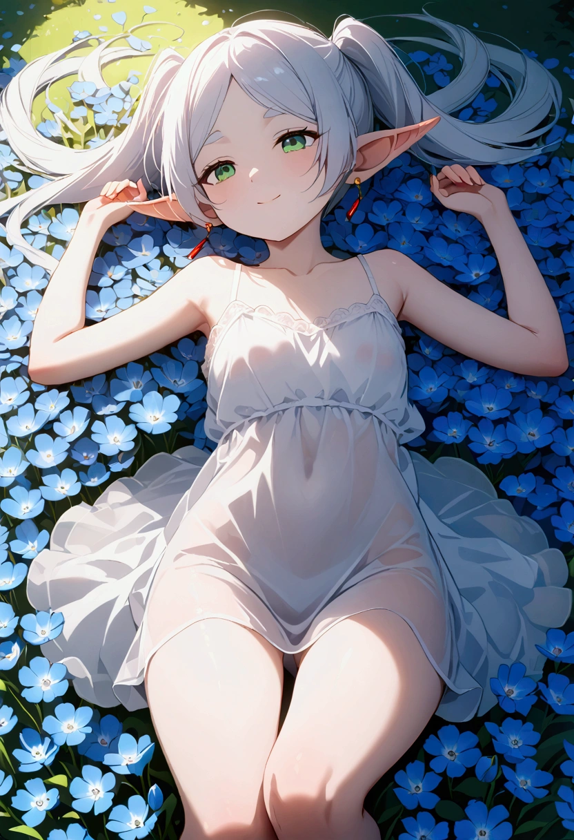  High image quality 、masterpiece、  high quality、Full HD、4K 、View from above、 and close your thighs、Hurrah、 Funeral Freelen、  silver hair、  twin tails、 Green Eyes、Elf Ears、 Red Earrings 、sheer white camisole、  flat chest、smile、Blue Flower Field、Many petals are flying、Sleeping surrounded by flowers