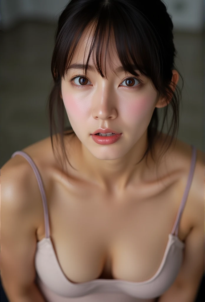 Woman&#39;s upper body photo 、(  sharp concentration ),  from above, ( kneel and look up  :1.10), (( mouth:1.6)), (  born in the year:1.8), (Ultra-detailed beautiful faces:1.10), ( super detailed beautiful slim body :1.9), 21 years old, (  super detailed beautiful Japanese beauty idol :1.7), (  troubled face:1.3), Woman in the center of the image, break,   photorealistic,  hyperrealism,  Portrait of a young and adorable Japanese woman , Japanese facial features,    young and cute skinny oriental face ,   Bust Up Shot, 21 years old idol with a cute face,   Beautiful Japanese girl face  , Japanese facial features,   she has adorable looks   , ( in a shiny rubber spandex swimsuit :1.5), 