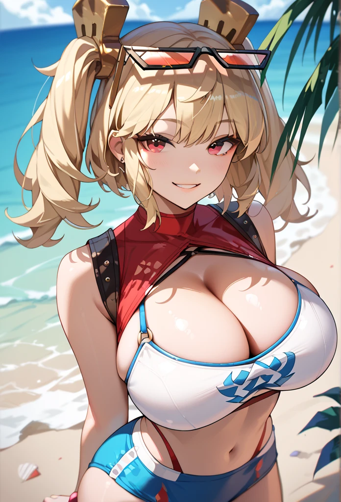  1girl, breasts, Alone, eyewear on head, navel, looking at viewer, crop top, cleavage, smile, Bikini, twintails, blonde hair, red eyes,beach、 swimsuit,  cleavage bulge 