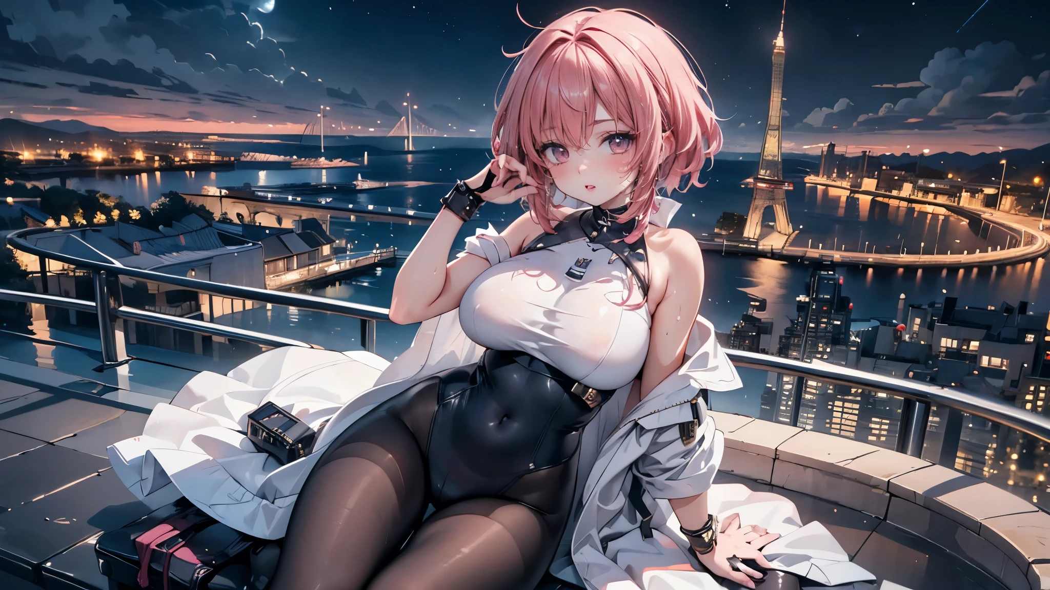  Woman is resting her hand on a handrail on the roof of a high-rise building、Take a picture of a woman from above her lap to her head、Rusted handrails 、 Woman with night view of the city on her back 、Spectacular night sky、Wide sky、cityscape,　 pink short hair、Wearing a white swimsuit、Monokini is wet and transparent、 wet body,、 is sweating、 growing skin 、 oiled body 、 low angle、 detailed face、 woman on top of a skyscraper looking at the night view of the city 、 Lighting from Behind the Subject 、Night sky with a view of the Milky Way 、Beautiful moonlight、 Spectacular clouds illuminated by the moon 、The background feels deep 、 Machine and Rust Details 、 ultra-wide-angle lens that gives off a sense of destruction、 woman in black pantyhose、Equipped with a mechanical mechanism、Clockwork mechanism、Gear mechanism 、 dieselpunk 、Clockpunk