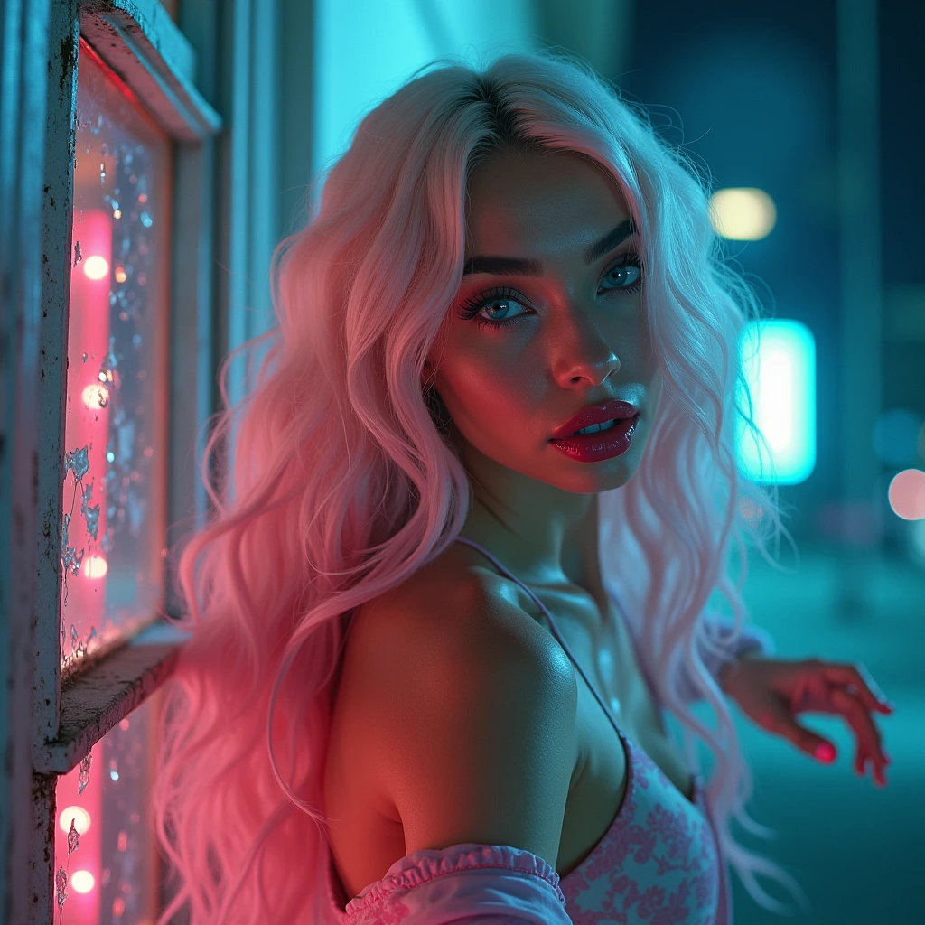 Cinematographic still Silent screams as she searches at night, backlight is shining over her body, depth of field, high resolution, reflection light, bokeh, Realism, 8K.Aesthetic PHOTO. Dressed in a revealing lace lingerie ATTIRE(floral print)-that accents her large breasts and highlights her waist. Curvy blonde girl(18yo, curvy girl, bold eyebrows, blue eyes, soft makeup, puffy lips(bold coral-lips), long straight blonde decolored hair(slicked back-hair), porcelain skin(very pale skin), wide hips, large breasts, perfect hands, perfect fit legs). Pout face expression)is captured in an asymmetrical pose, and sitting on a bench(surrounded by greenery lush plants),. Standing all in CANDID poses, with her hands holding a plastic-bag. The photograph captures the cold and foggy of the night(with its Sad atmosphere and the sense that something oppressive is about to unfold). A subtle haze and a soft focus on the background enhance the quality of the image, (backlighting), Horror movie effects, The natural light casts long shadows, accentuating the desaturated colors and oppressive & frost atmosphere of this vintage-photography-style image. A 70mm grainy film captures the scene, with a bokeh effect softening the focus, -enhancing the overall composition.(((in a pink/teal colors palette theme))), Dutch Angle/Tilt: The camera is tilted to create a sense of disorientation or artistic tension. (((in a NEON pink/INDIGO colors palette theme)))
