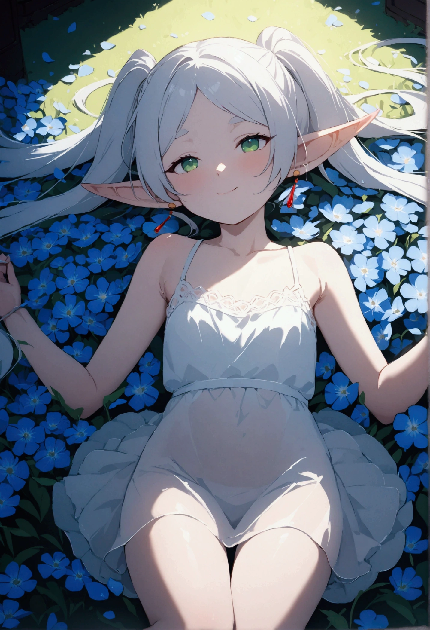  High image quality 、masterpiece、  high quality、Full HD、4K 、View from above、 and close your thighs、Raise your arms、 Funeral Freelen、  silver hair、  twin tails、 Green Eyes、Elf Ears、 Red Earrings 、sheer white camisole、  flat chest、smile、Blue Flower Field、Many petals are flying、Sleeping surrounded by flowers