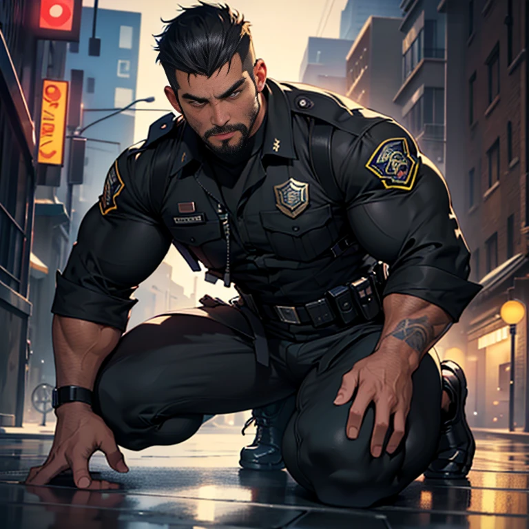 best quality, masterpiece, super high resolution, detailed background, realistic, illustration, single, 1 boy, muscle man, beard, SWAT, street, muscle, facial hair, volumetric lighting, depth of field, black clothes, ((black police uniform)), kneeling on one knee, mouth open, panting, raised crotch