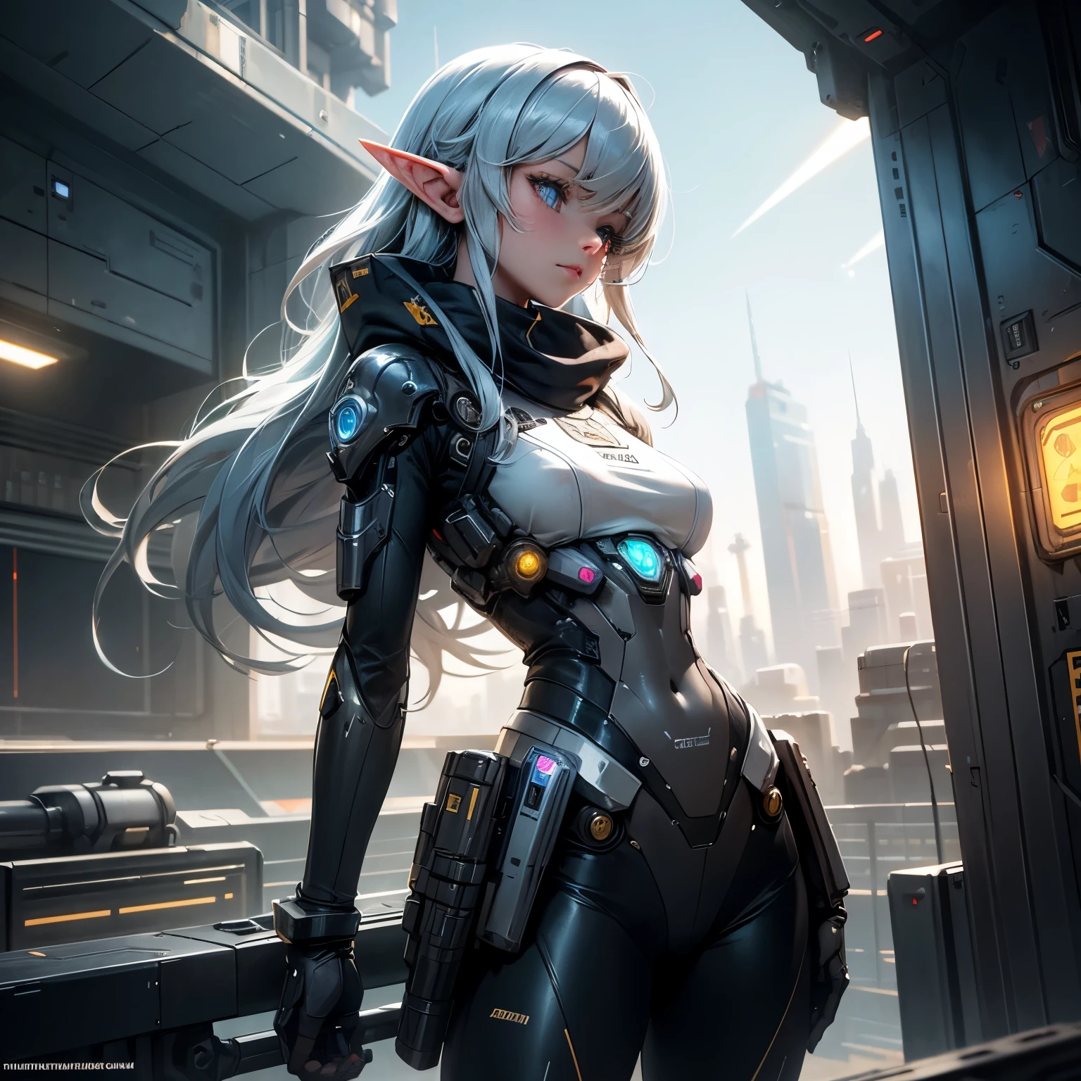 girl, futuristic transparent tigh suit with red details, red canon, white hair, eyepatch, mechanic headband, best quality, naked, nude, clotheless,  8k