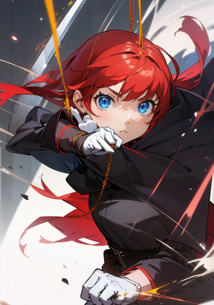 qgirl, red hair, black clothes, white gloves, swings her sword, blue eyes