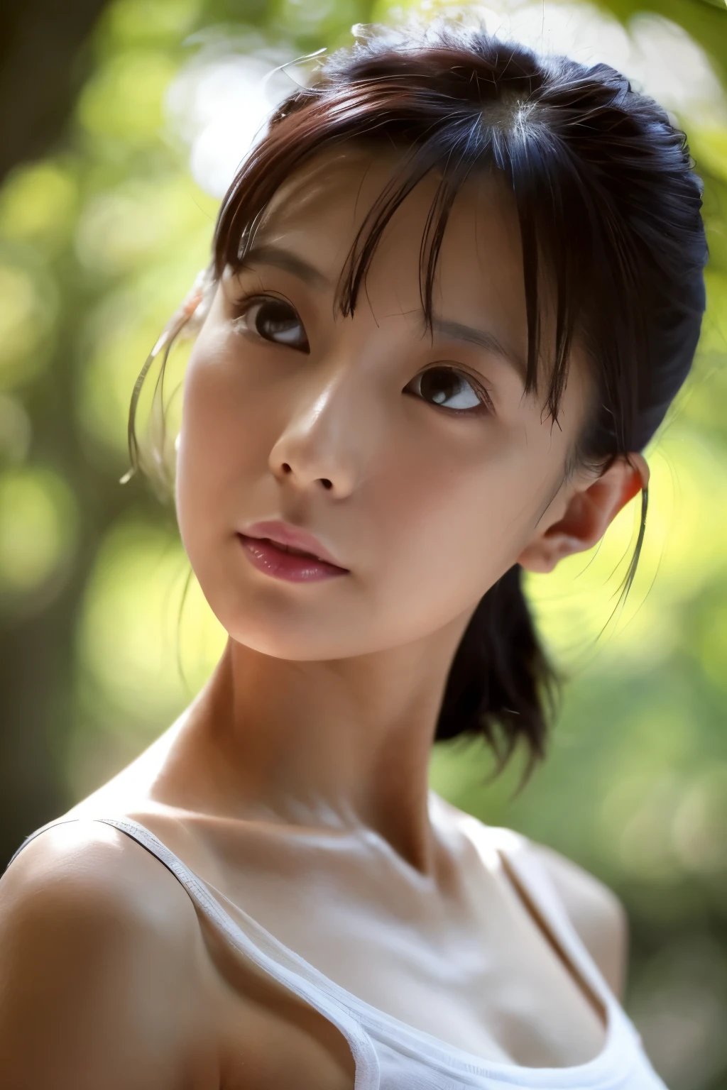 Top Quality, Masterpiece, Ultra High Resolution, (Photorealistic: 1.4), Raw Photo, 1 Girl, Off Shoulder, Darkness, Deep Shadows, Low Key, Cold Light, (Grabbing the Chest: 1.2), Crying Unbearable to Endure Suffering