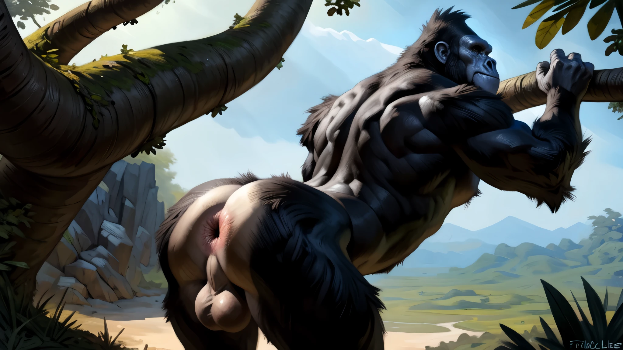 (by Taran Fiddler), solo, feral, gorilla, ape, male, ape, hairy ass, wide hips, muscular male, perfect eyes, muscular butt, butt focus, anatomically correct, jungle, climbing tree, warm sunlight, inviting, absurd res, anus, sagging balls, uncut penis, perineum, looking back at viewer, arched back, tribal